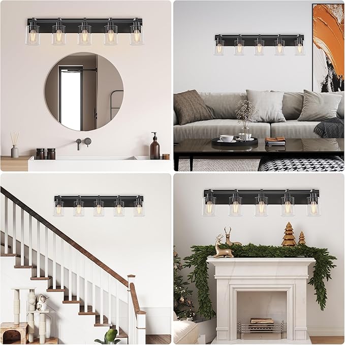 Espird Bathroom Vanity Light,5 Light Matte Black Light Fixture with Thickened Clear Glass Shade, 37 inch Modern Wall Sconce, Bathrooms Vanity Light Over Mirror for Bathroom