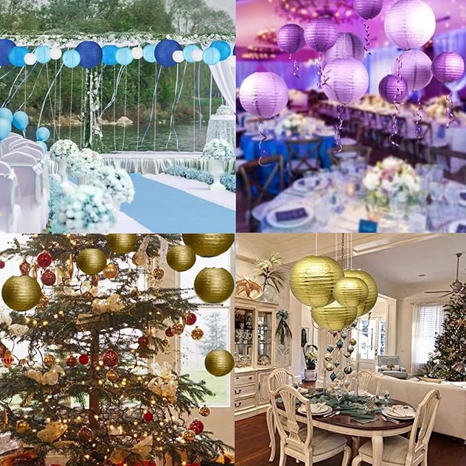 12pcs Purple Paper Lanterns with 12pcs White LED Lights, 6" 8" 10" 12" Round Hanging Chinese/Japanese Ball Lantern for Mardi Gras Wedding Anniversary Birthday Party Decorations