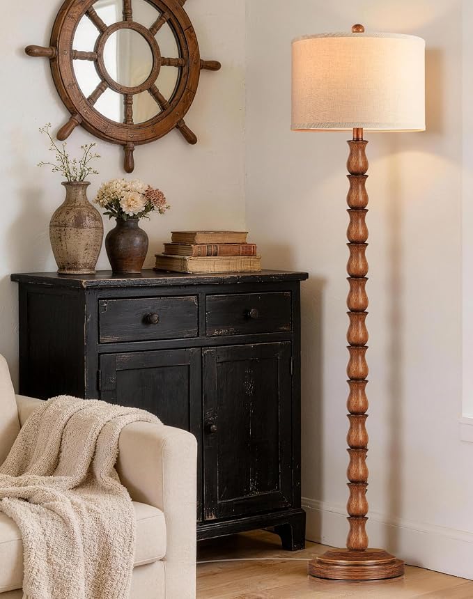63.5" Rustic Floor Lamp for Living Room, Farmhouse Floor Lamp with Rotary Switch & Linen Shade, Vintage Resin Tall Standing Lamp for Bedroom Corner Office Home Decor, Light Walnut (LED Bulb Included)
