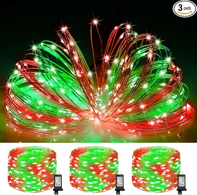 3 Pack Red and Green Fairy Lights Plug in, 33Ft 100 LEDs Waterproof Twinkle Firefly Starry String Lights with Adaptor, for Wedding Christmas Indoor Outdoor Patio Garden Decoration