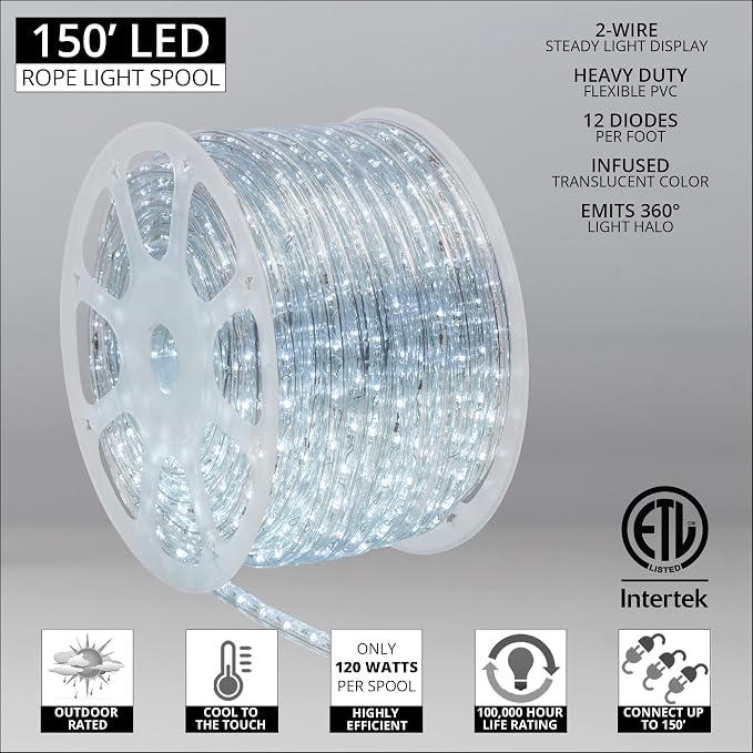 Wintergreen Lighting 150ft 1800 LED Heavy Duty Rope Light Spool, 120V ETL Indoor Rope Lights Plugin Outdoor Tube Lights ½ Inch, Accessories and Mounting Clips Included, Cool White