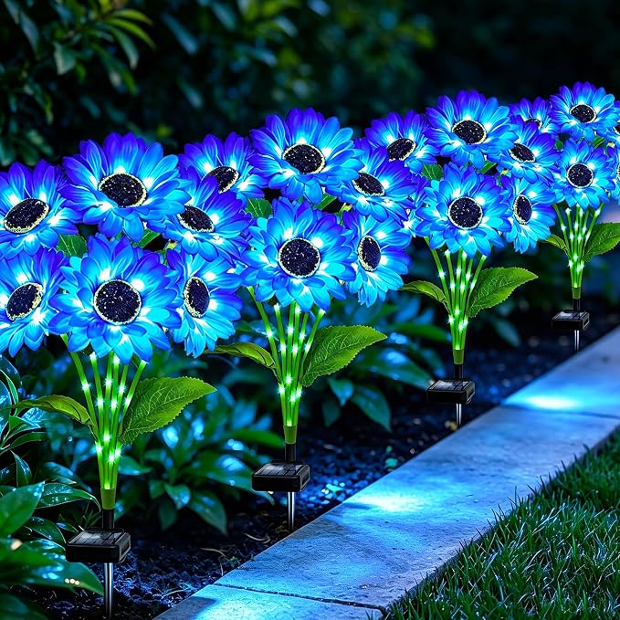 MRHEPHAESTUS Solar Garden Lights Outdoor, 4 Pack Solar Blue Sunflower Lights with 18 Head 3.5 Inch Flowers, Waterproof Flowers Light Fall Decor Auto ON/Off for Garden Yard Patio, Gifts for Mom Women