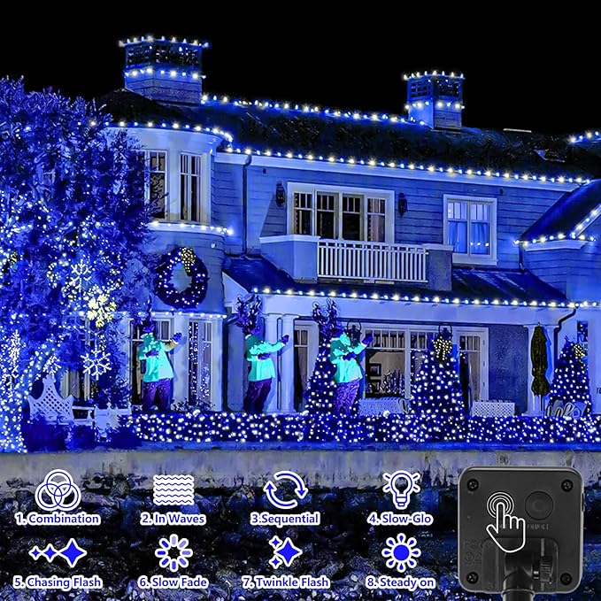 YEGUO Solar Rope Light Outdoor Waterproof, 66ft 200 LED Blue and White String Lights, 8 Modes Tube Christmas Lights in Clear Thin Tube