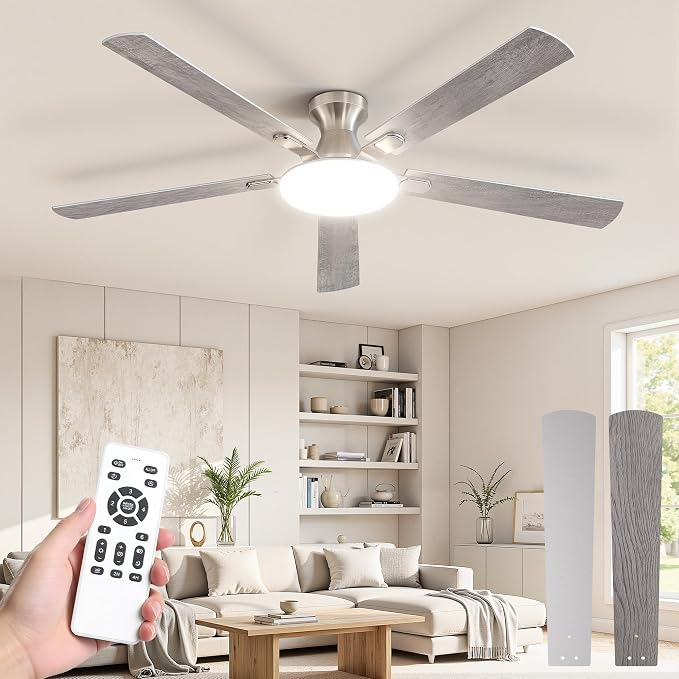 LEDIARY 60 Inch Flush Mount Ceiling Fans with Lights, Remote & APP Control | 3CCT,Stepless Dimmable,Memory Function,Timer,6-speed,Reversible Blade, Quiet DC Motor, Damp-Rated, Living Room, Covered Patio