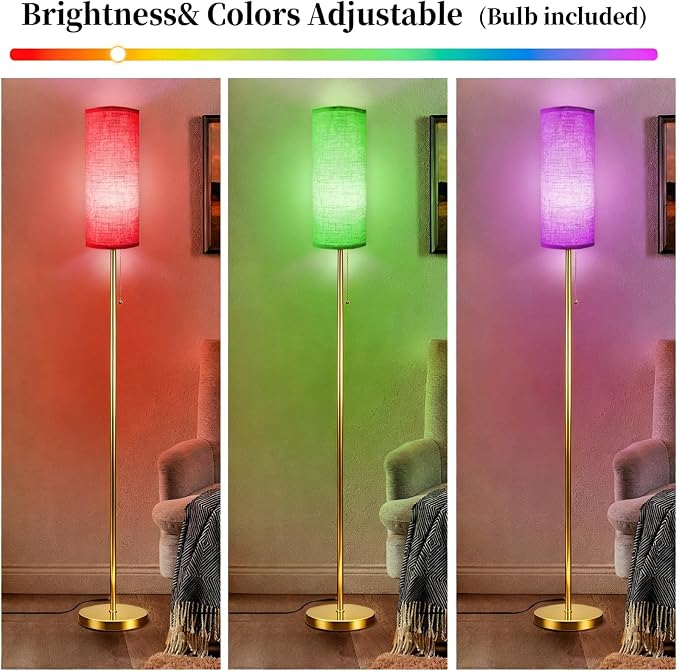 Floor Lamps for Living Room with RGB Color Changing Bulb Dimmable Color Brightness Standing Lamp with Remote Tall Lamps with Chain Switch for Bedroom Office 9W LED Bulb Included, Gold Body RGB Bulb