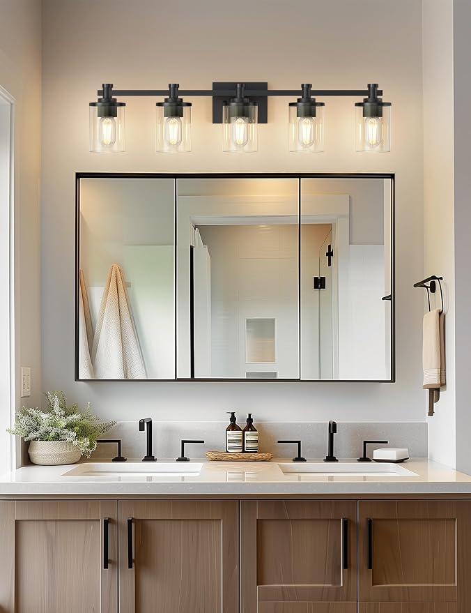 Bathroom Light Fixture, Bathroom Vanity Light Over Mirror, 5-Lights | Vanity Lights for Bathroom, Modern Lighting Fixtures with Clear Glass Shade, Black Vanity Lights, ETL Listed