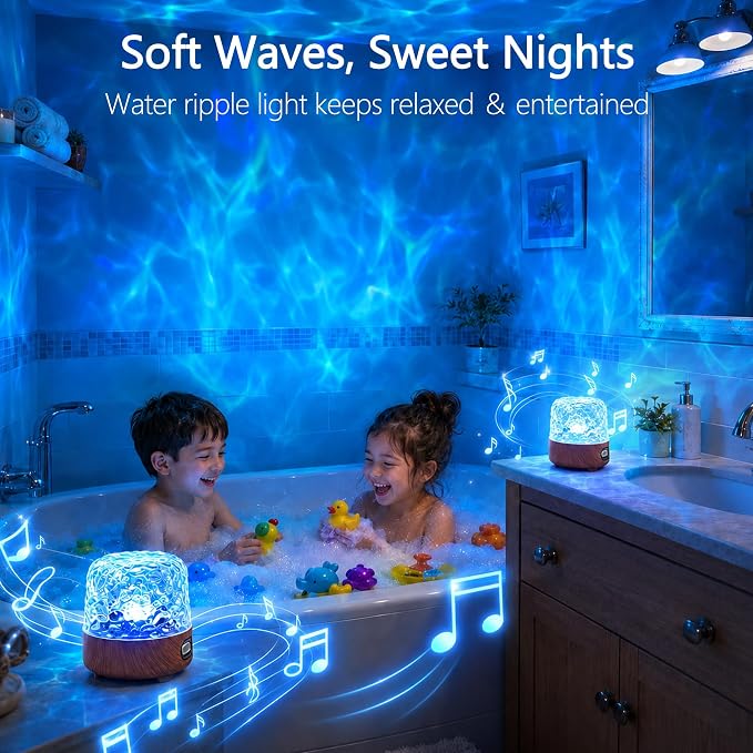 Waterproof Shower Light with Bluetooth Speaker, 16 Colors Shower Lamp with Remote & Touch Control, Rechargeable Ocean Wave Projector Light No Wiring, Mood Lighting for Inside Shower, Bathroom, Bathtub