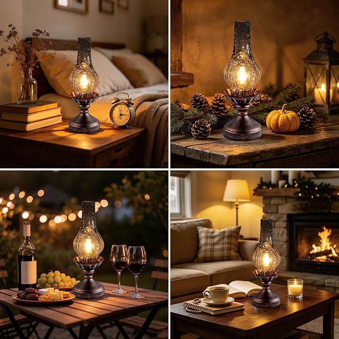 Vintage Table Lamp with Smoke Grey Crackle Glass Shade,Touch Control & 3-Way Dimmable Rustic Retro Farmhouse Bedside Lamp for Bedroom, Living Room, Cabin, Office (2700K LED Candle Bulb Included)