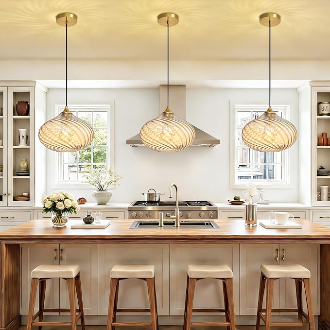 11in Gold Pendant Lights Kitchen Island with Amber Glass Shade 1Pack | Handcrafted Glass Pendant Light Fixtures, UL Certified, E26 Base 100W Max, Height-Adjustable, Dimmable Hanging Pendant Light