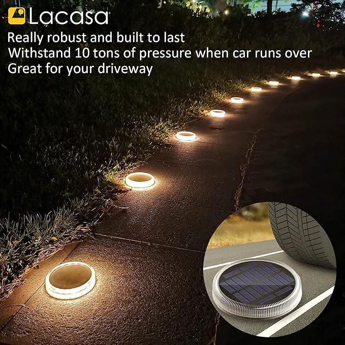 Lacasa Solar Deck Lights, Driveway Walkway Dock Light Solar Powered Outdoor Waterproof Stair Step Pathway Ground LED Lamp for Backyard Patio Garden, Auto On/Off - Warm White - 4 Pack