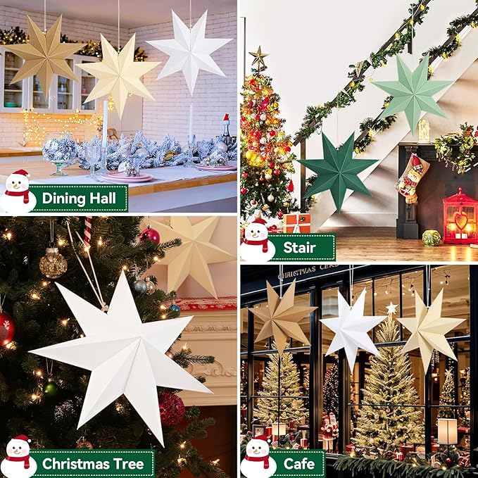 Lewondr Christmas Paper Star Lantern 5 Pack, Hanging 7-Pointed Star Lampshade Decoration, Window Paper Lanterns with 5 Colors for Xmas Wedding Holiday Party 17.72 Inch