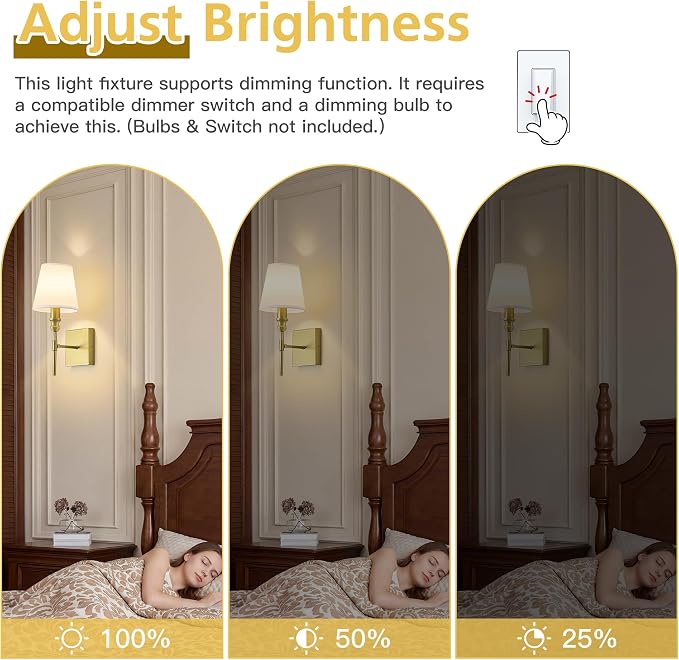 Hardwired Gold Wall Sconces Set of Two, Rustic Bathroom Vanity Lights with White Fabric Shades, Vintage Light Fixtures Convertible Height Wall Light for Living Room Bedroom,Farmhouse,E12 Base