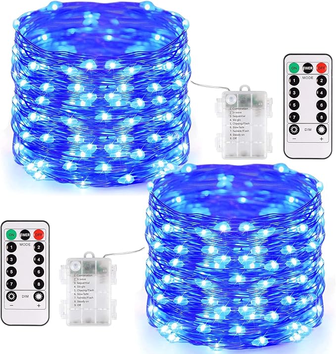 JMEXSUSS 2Pack Blue Fairy Lights Battery Operated with Remote for Christmas | Total 400 LED 132 ft, 8 Modes Twinkle String Lights for Xmas Tree Bedroom Fence Wreath Fireplace Indoor Outdoor Decorations