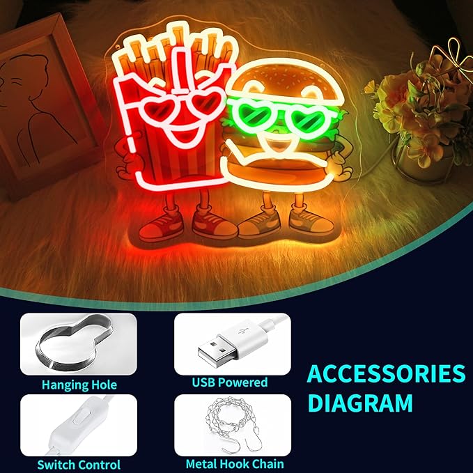 Burgers Neon sign - JGHTURIE Hamburger and French Fries Neon Signs for Wall Decor LED Light up UV Printed Preparatory Home Restaurant Club Decoration USB Powered