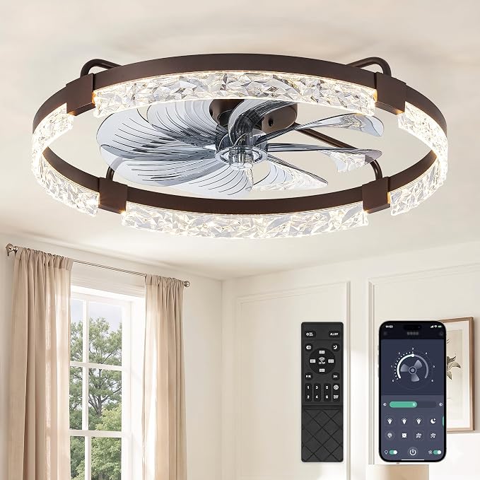 ZMISHIBO 24 Inch Ceiling Fans with Lights, Flush Mount Remote & App Control | 3CCT Dimmable LED, DC Motor, Bladeless, Reversible Blade, 6 Speeds, Modern, Low Profile, Enclosed, Bedroom, Kids, Girl, Adult