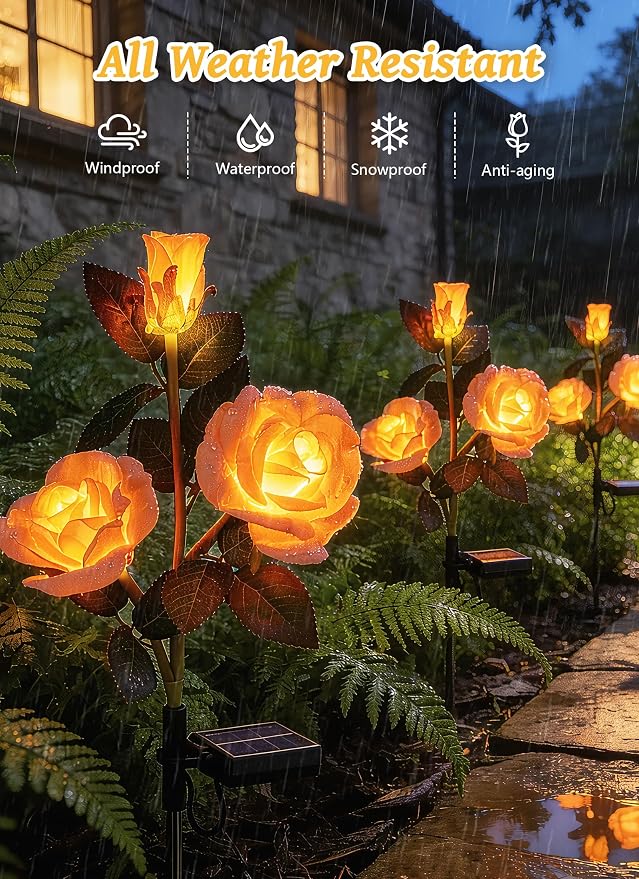 Brightown Solar Garden Lights, 4 Pack LED Rose Flower Lights Waterproof | Larger & Realistic Champagne Rose, Bigger Solar Panel, Waterproof Solar Lights Outdoor for Yard Garden Lawn Pathway Decor