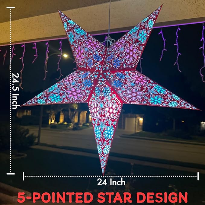GalaxyArts Paper Star Lanterns, 24 Inch Red Chakra 3D Light-Up Hanging Lamp, Handcrafted Hollow Out 5-Point Star Decoration for Christmas, Wedding, Birthday, Parties, Indoor Outdoor Holiday Home Décor
