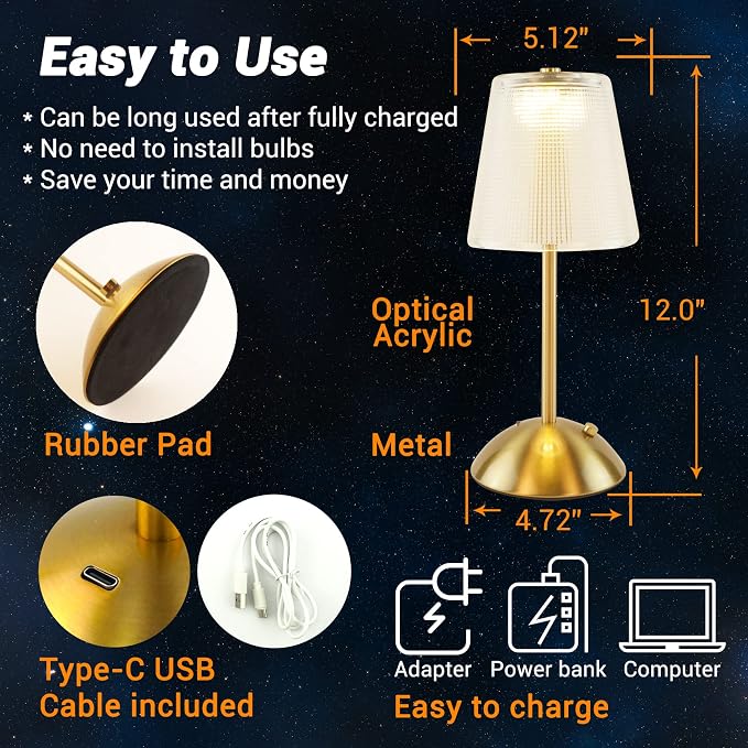 Cordless Rechargeable Metal Table Lamp, Cube Shade, Gold | 4000mAh Battery Operated, 3 Color Modes, Dimmable LED Touch Beside Ambient Light, Portable for Bedroom Restaurant Outdoor