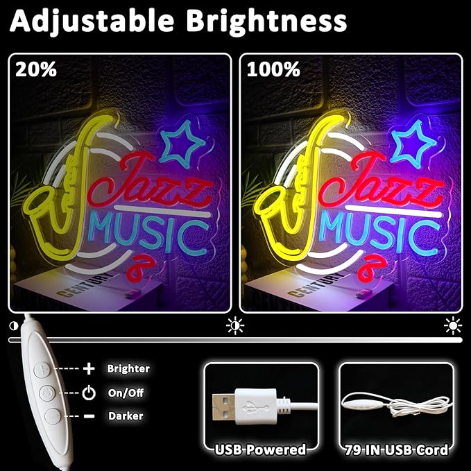 Jazz Music Neon Sign for Wall Decor Dimmable Saxophone Led Sign for Music Studio Vintage Jazz Neon Light for Recording Room Live Show Bar Man Cave Club Party Retro Home Decoration