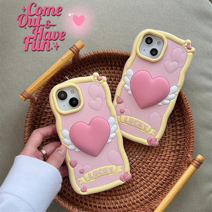 Kawaii Phone Case for iPhone 15 with Bracelet Cute 3D Cartoon Lucky Love Silicone Protective Case Cover for Women & Girl