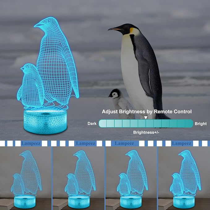 Lampeez Penguin Gift, Penguin 3D Night Light for Kids, 16 Colors Changing Illusion Lamp with Remote Control Dimmable Function 4 Flashing Mode, Kids Bedroom Decor Gifts for Boys Girls
