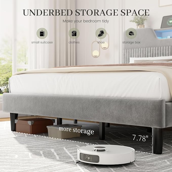 Homkdom King Bed Frame with Charging Station & Storage Headboard,Grey | 1USB-C & 2USB-A Charging, RGB LED Lights,7.78" Under-bed Storage,Velvet Upholstered Headboard,No Box Spring,Easy Assembly.