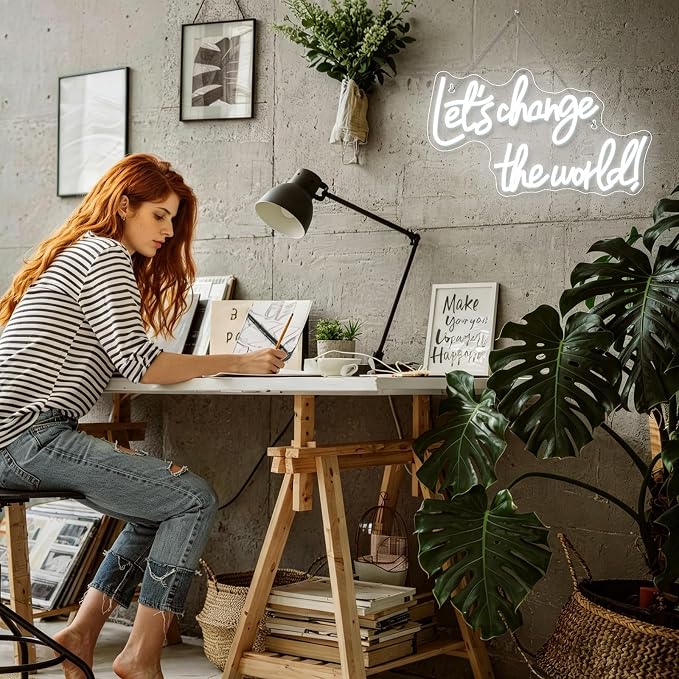 Horseneon Let's Change the World Neon Led Sign, White Neon Signs for Wall Decor, Neon Lights Signs with USB Powered for Bedroom, Living room, Wall Hanging Decor