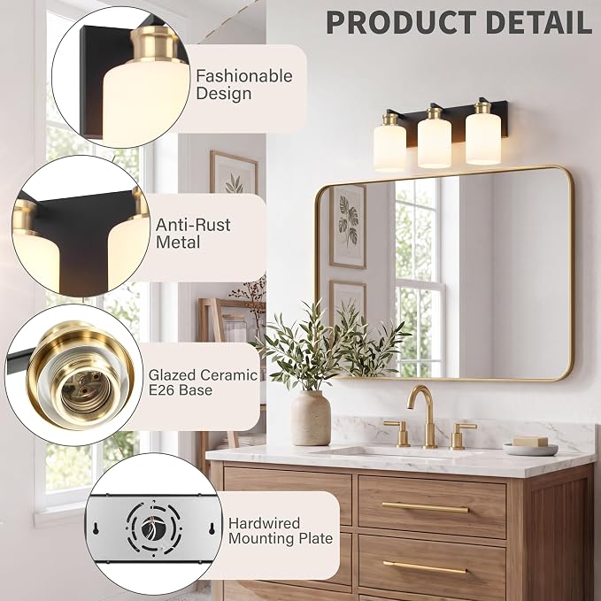 3-Light Bathroom Vanity Light, Black and Gold Vanity Lights for Bathroom | Bathroom Light Fixtures over Mirror with White Glass Shade, Modern Vanity Light Fixture, Wall Sconces Lighting, 16.5 Inch