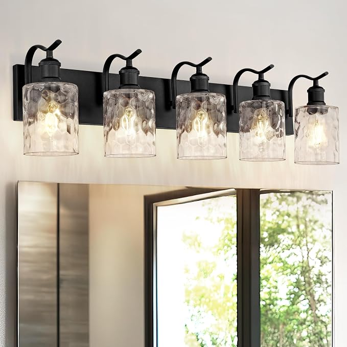 5-Light 34 Inch Bathroom Vanity Light,Hammered Glass,Black | Over Mirror Wall Light,E26 sockets,for bathroom mirror,powder room,dressing area,wall-mounted vanity lighting