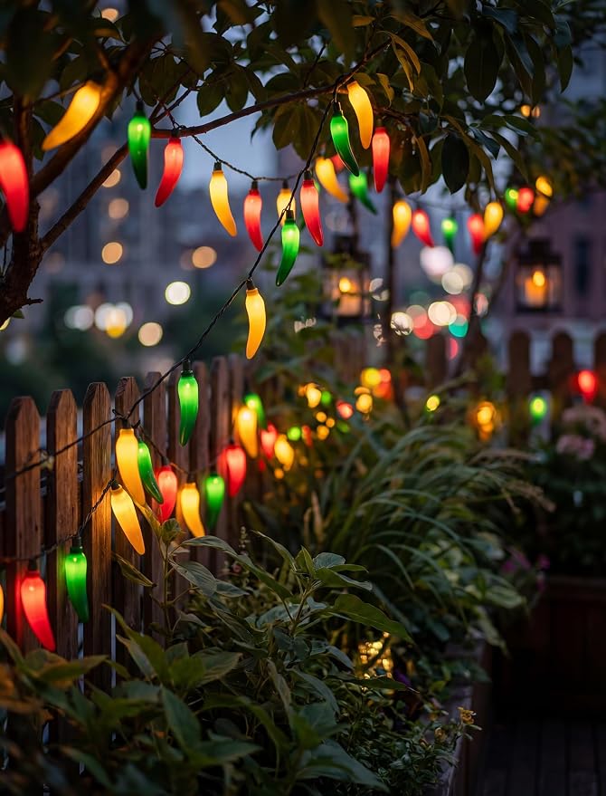 35 LED Chili Pepper Christmas Lights, 13.6Ft Camping String Lights | Multicolor, Plug in, Shatterproof, Connectable, Indoor Fairy Lights for Cook Off, Outdoor Patio Summer Decor, Green Wire