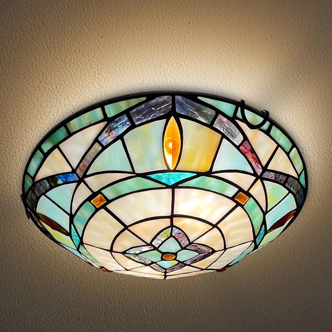 ARTZONE Tiffany Ceiling Lights, Stained Glass Ceiling Light 2-Lights 12 Inch Tiffany Flush Mount Ceiling Light for Bedroom Dining Living Room Entryway Foyer