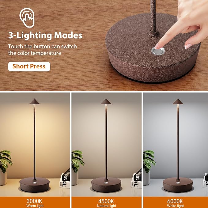 2Pack Rechargeable Cordless Table Lamp, Portable Powered LED Battery 6000mAh Metal USB Desk Lamp, 3 Levels Brightness Light for Restaurants Outdoor (2pack ferruginous)