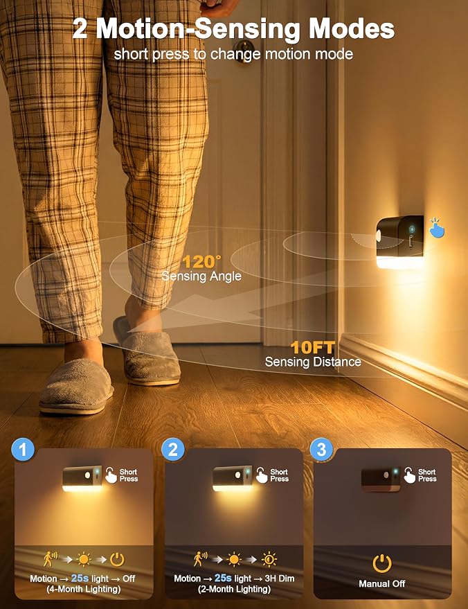Motion Sensor Stair Lights Indoor, 3 Pack Rechargeable Wireless Step Lights with 3 Color Temperatures, 1200mAh Battery, Magnetic Base for Hallway, Closet, Bathroom, Black