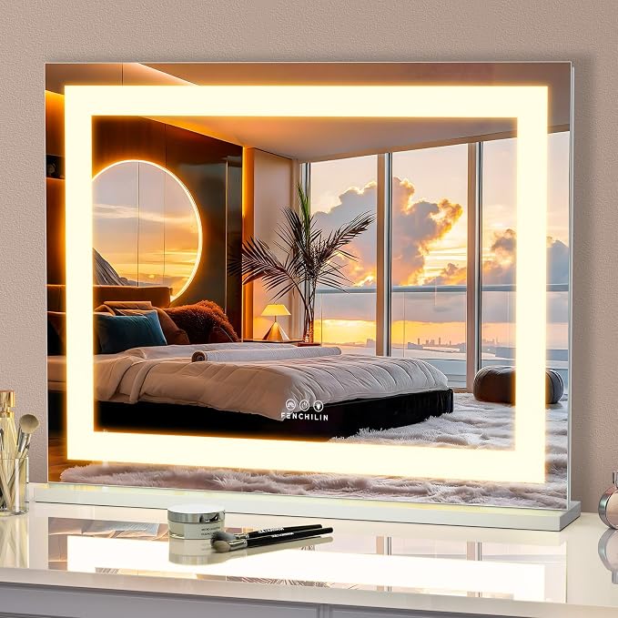 FENCHILIN Vanity Mirror with Lights, 23" x 18" RGB Backlit + Front Lit Hollywood Makeup Mirror LED Strip with 3 Colors Modes Smart Touch for Dressing Room & Bedroom Tabletop White