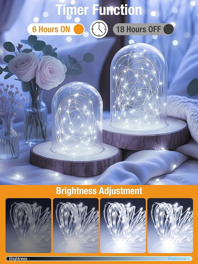 btfarm 4 Pack Fairy Lights Battery Operated with Timer, 16.4 FT 50 LED Silver Wire Twinkle String Lights 8 Modes Dimmable Waterproof for Indoor Christmas Bedroom Wedding Decorations, Warm & Cool White