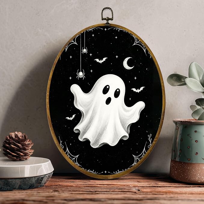Black White Ghost Oval Wall Art, Framed Canvas Decor, 8.5x11.5 Inch | White ghost on black sky, bats, spiders, stars and crescent moon Halloween decor