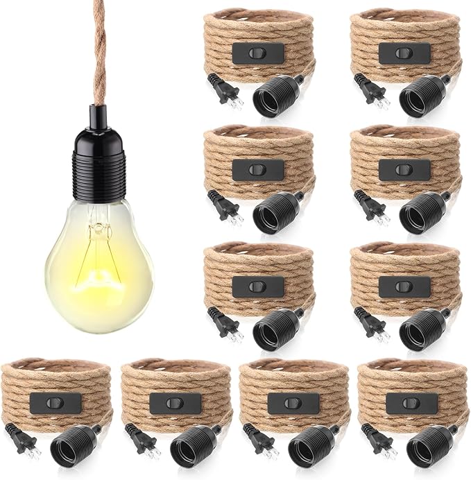 10 Pcs 10ft Pendant Light Cords Kit with Switch Rope Cord Fixtures Hanging Vintage Lamp with Plug Twisted Nylon Pendant Lamp Extension E26 E27 for Farmhouse Industrial Home DIY Decoration