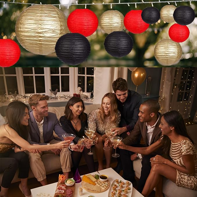 12Pcs Paper Lanterns 6”, 8”, 10”, 12”,Paperlanterns Party Decoration, Black Red Gold Paper Lanterns for Wedding, Bridal, Birthday, Outdoor, Home, Garden, Holiday and Party.