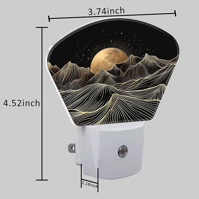 Black Gold Mountain Night Light Golden Moon Nightlight Plug into Wall with Dusk to Dawn Sensor for Kid Girls Boys Women Men Room, Hallway, Kitchen, Bathroom, Stairs Decor