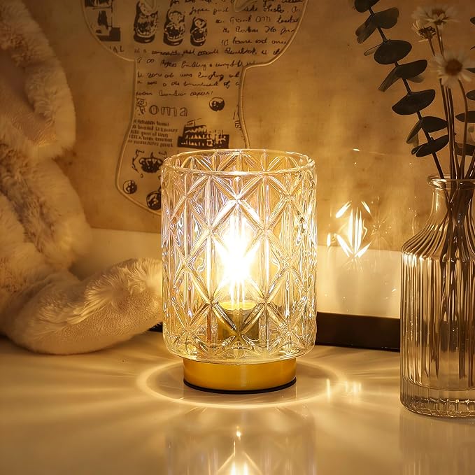 ULAROOM Battery Operated Lamp,Cordless Glass Accent Lamp with Timer,Clear | Small Glass Accent Lamp with Timer for Bedside,Warm White Cozy Ambient Decorative Table Lamp for Shelf/Dorm/Tabletop/Entryway