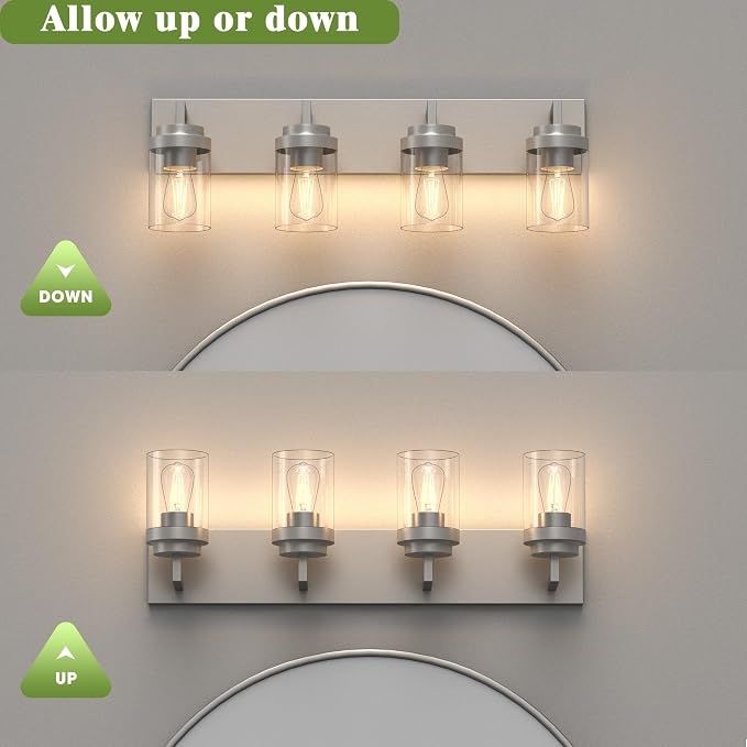 Bathroom Lighting Fixtures, 4-Light Bathroom Vanity Lights Over Mirror, Brushed Nickel Vanity Light with Glass Shade, Modern Vanity Lighting Fixtures for Bathroom, Bedroom, Hallway