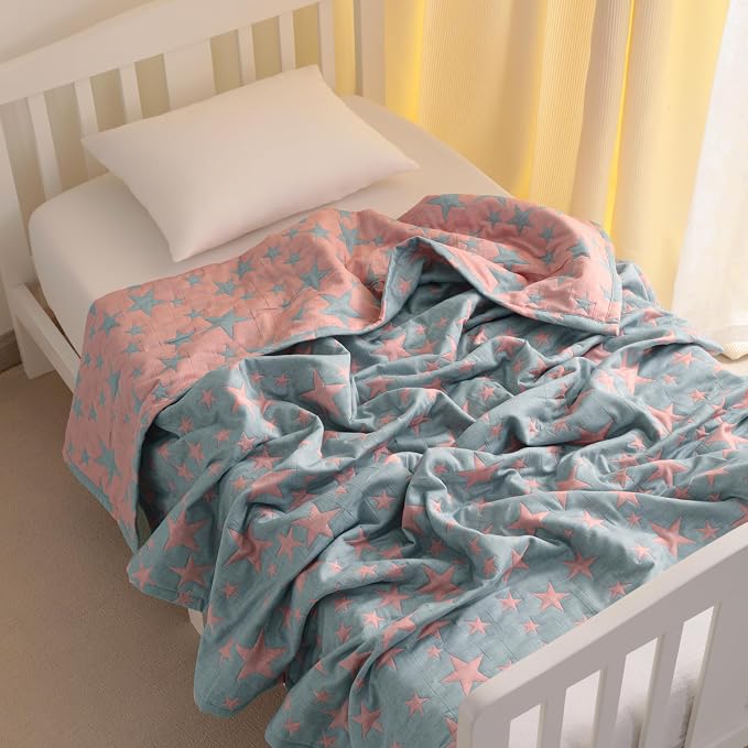 NTBAY 3 Layer Oversized Muslin Toddler Blanket, 45 x 60, Red and Blue Star | Muslin Cotton Outer Layers with Light Thermal Fiber Fill, Reversible Blanket for Daycare, Travel, Naps, and Supervised Use