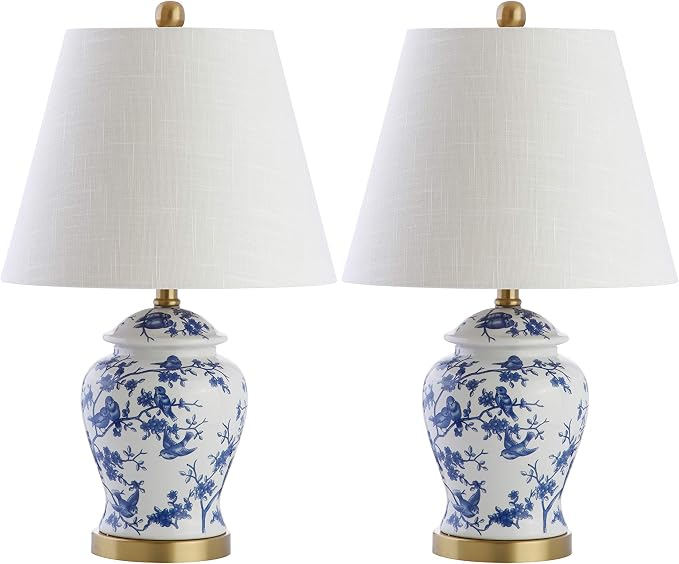 JONATHAN Y Penelope Ginger Jar 22" LED Table Lamp, Blue/White, Set of 2 | Chinoiserie, Ceramic Metal Construction, French Country Traditional, Linen Empire Shade, Brass Gold, LED Bulb Included