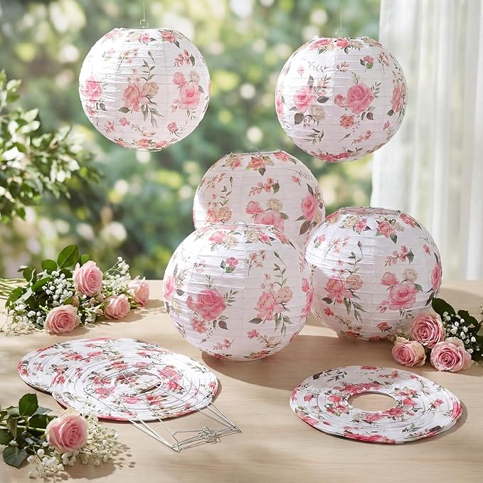 Honoson 12 Pcs Floral Paper Lanterns Party Decoration Wildflower Sakura Flower Spring Tea Party Decoration 10 Inch Hanging Round Paper Lantern for Wedding Bridal Shower Favor(Pink,Wildflower)