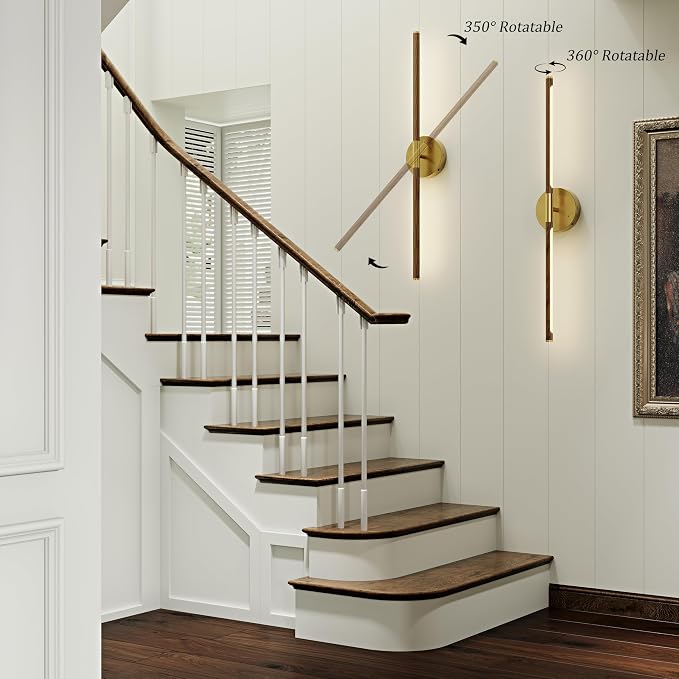 24" Battery Operated Wall Sconce Set of 2, 350° Rotating Lamp, Walnut Gold | Wireless, 8000mAh Rechargeable Battery, Stepless Dimming, 3000K-6000K, Remote & Touch Control, Timer, Living Room, Bedroom