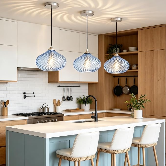 11in Brushed Nickel Pendant Lights Kitchen Island with Blue Glass Shade 1PC | Handcrafted Glass Pendant Light Fixtures, UL Certified, E26 Base 100W Max, Height-Adjustable, Dimmable Hanging Pendant Light