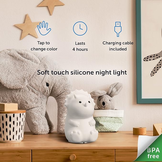Globe Electric 13272 Terry Triceratops Multicolor Changing Integrated LED Rechargeable Silicone Night Light Lamp, White