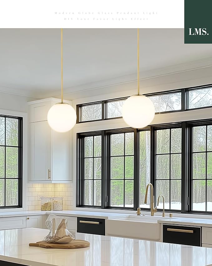 10 Inch Globe Pendant Lights, Brushed Gold Mid Century Kitchen Island Light Fixtures with White Globe Glass Shade, Adjustable Hanging Rod, Dining Room Kitchen, LMS-186PL-BGW-10