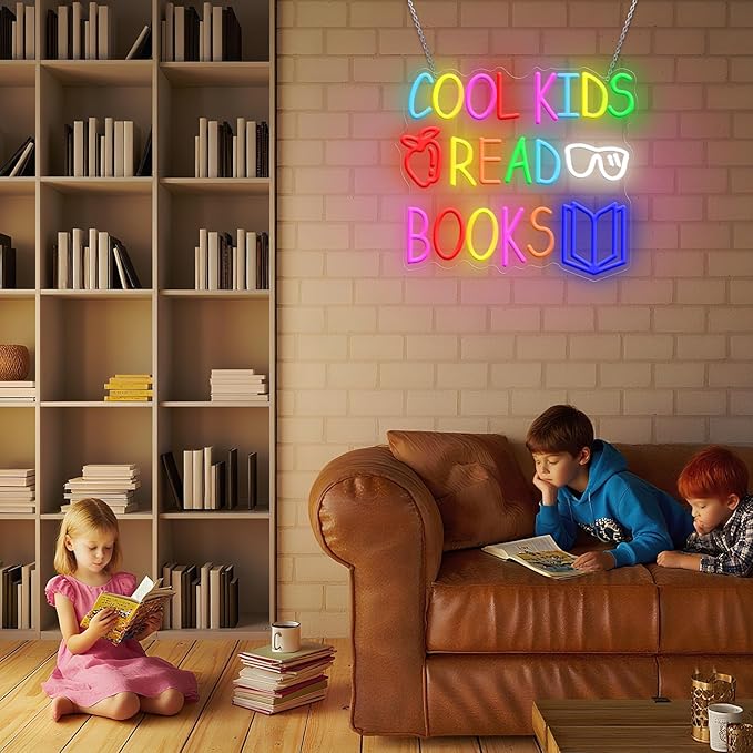 Cool Kids Read Books Neon Sign for Wall Decor, Reading Letter LED Neon Lights Library Neon Signs, Kids Room Reading Corner Classroom Christmas Bedroom Decoration 16.06 x 14.17 inch