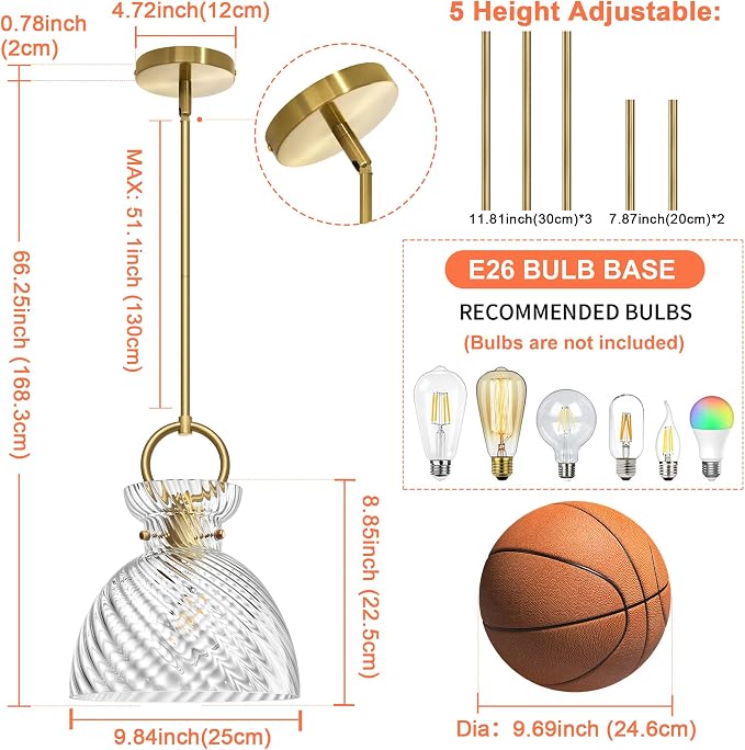 Gold Pendant Light Kitchen Island with 9.84'' Striped Glass Shade | Modern Pendant Lighting Over Sink, Adjustable Hanging Ceiling Light, E26 Dimmable Hardwired for Dining Room Hallway, 1-Pack